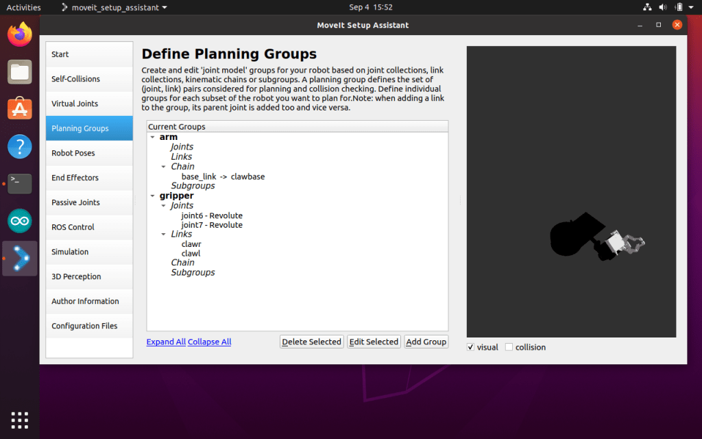 MoveIt Setup Assistant - set planning groups