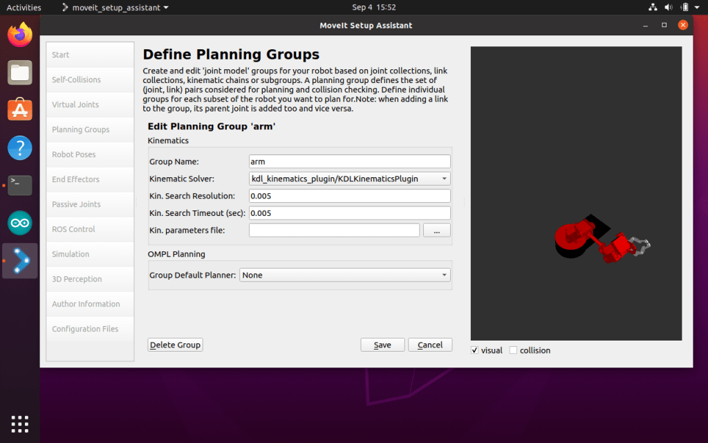 MoveIt Setup Assistant - kinematic solver